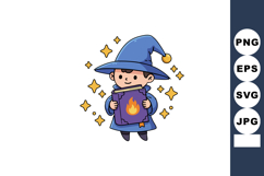 Cute wizard boy holding magic book with fire symbol and spar Product Image 1
