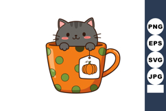 Cat sitting inside orange polka dot cup with pumpkin tea bag Product Image 1