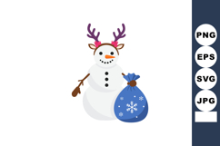 Snowman with Reindeer Antlers Holding Gift Sack Vector Illus Product Image 1