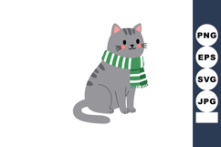 Cute gray cat sitting wearing green striped scarf vector ill Product Image 1