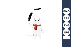 White cat wearing red scarf playing with black feathers cute Product Image 1