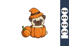 Cute pug dog dressed as pumpkin wearing orange witch hat for Product Image 1