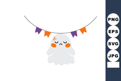 Sad ghost hanging with Halloween orange and purple flags vec Product Image 1