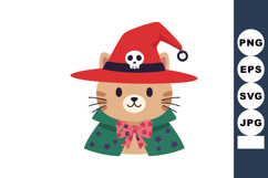 Cat wearing red witch hat with skull and green cloak with bo Product Image 1