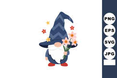 Cute gnome holding pink flowers with blue zigzag hat vector Product Image 1