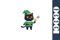 Black cat wearing green elf costume holding bell with music Product Image 1