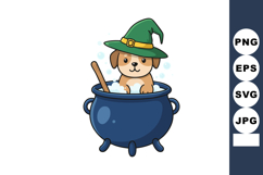 Cute puppy wearing green witch hat sitting inside large blue Product Image 1