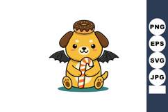 Cute cartoon dog with bat wings holding candy cane and donut Product Image 1