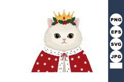 White cat wearing golden crown and red royal cape with holly Product Image 1