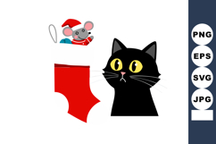 Black cat looking curiously at Christmas stocking with toy m Product Image 1