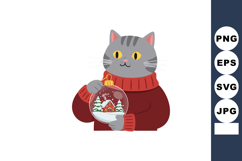 Gray cat holding Christmas snow globe with house and trees w Product Image 1