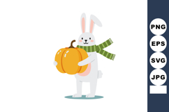 Cute white bunny holding orange pumpkin with green scarf aut Product Image 1