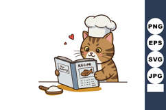 Cute cat chef reading recipe book with cooking ingredients a Product Image 1