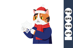Cat wearing santa hat and red scarf making paper snowflake w Product Image 1