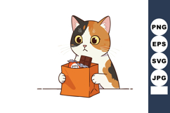Cute calico cat holding orange paper bag with chocolate and Product Image 1