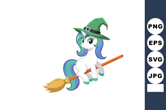 Cute cartoon pony with green witch hat flying on broomstick Product Image 1