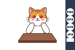 Cute cat with heart eyes sitting at a brown table expressing Product Image 1