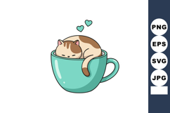 Sleeping cat curled up inside turquoise coffee cup with two Product Image 1