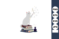 Cat sitting on stack of books with quill pen and magical sym Product Image 1