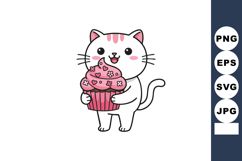 Cute white cat holding large pink cupcake with hearts and fl Product Image 1