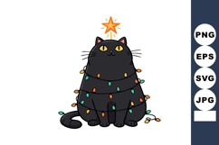 Black cat decorated with colorful Christmas lights and toppe Product Image 1