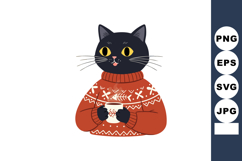 Black cat with yellow eyes wearing red sweater holding cup c Product Image 1