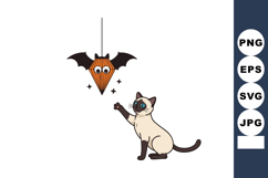 Siamese cat playing with hanging bat-shaped Halloween paper Product Image 1