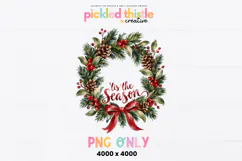 This Christmas PNG combines a full circular botanical wreath with festive red lettering, rich forest-green foliage, brown pinecones, and an elegant red bow with flowing tails.