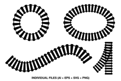 Four black train track graphics in circular, oval, curved and branching shapes
