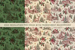 Vintage Christmas deer toile de Jouy seamless pattern with snowy cottages, pine trees, holly, lanterns, gifts and a peaceful winter village art.