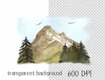 Watercolor mountain landscape clipart. Mountain scenery PNG Product Image 3