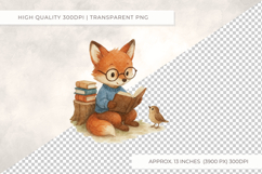 Watercolour Fox Reading Clipart PNG Woodland Animal Clip Art Product Image 2