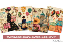 Traveling Girls Digital Papers | Vintage Adventure Scrapbook Product Image 1