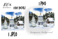 Watercolor winter landscape with church and snow Product Image 2