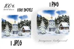 Watercolor winter landscape with church and snow Product Image 2