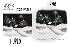 Watercolor winter snowy landscape with lantern trees and hou Product Image 2