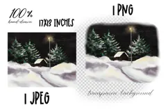 Watercolor winter snowy landscape with lantern trees and hou Product Image 2