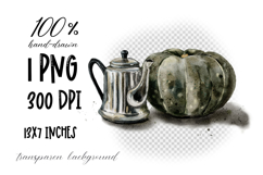 Hand-drawn illustration of teapot and dark green pumpkin Product Image 2