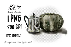 Hand-drawn illustration of teapot and dark green pumpkin Product Image 2