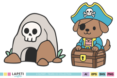 kawaii pirate clipart set with dog and treasure