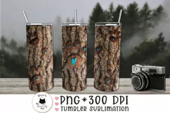 tree bark tumbler wrap with a paw print shown on forest background