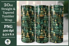 Green and gold metallic trees sublimation design being shown on a 20oz skinny tumbler