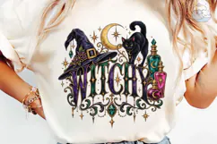 Witchy Halloween Black Cat PNG Shirt Product Image 6
