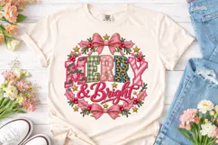 Merry & Bright Christmas Wreath PNG Tee Product Image 1