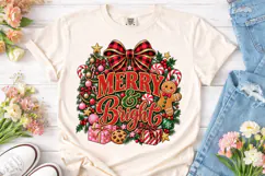Merry & Bright Christmas Wreath PNG Tee Product Image 2