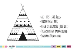 Black and white teepee SVG with geometric decorative patterns