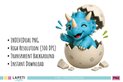 Cute baby triceratops waving while hatching from a speckled dinosaur egg