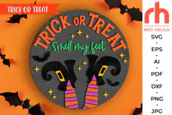 trick or treat svg, witch legs svg, smell my feet svg, autumn sign dxf, laser cut file, layered sign svg, welcome sign svg, spooky door sign svg, halloween hanger svg, spooky season svg, fall hanging sign, glowforge cut file, cricut cut file