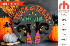 trick or treat svg, witch legs svg, smell my feet svg, autumn sign dxf, laser cut file, layered sign svg, welcome sign svg, spooky door sign svg, halloween hanger svg, spooky season svg, fall hanging sign, glowforge cut file, cricut cut file