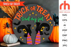trick or treat svg, witch legs svg, smell my feet svg, autumn sign dxf, laser cut file, layered sign svg, welcome sign svg, spooky door sign svg, halloween hanger svg, spooky season svg, fall hanging sign, glowforge cut file, cricut cut file